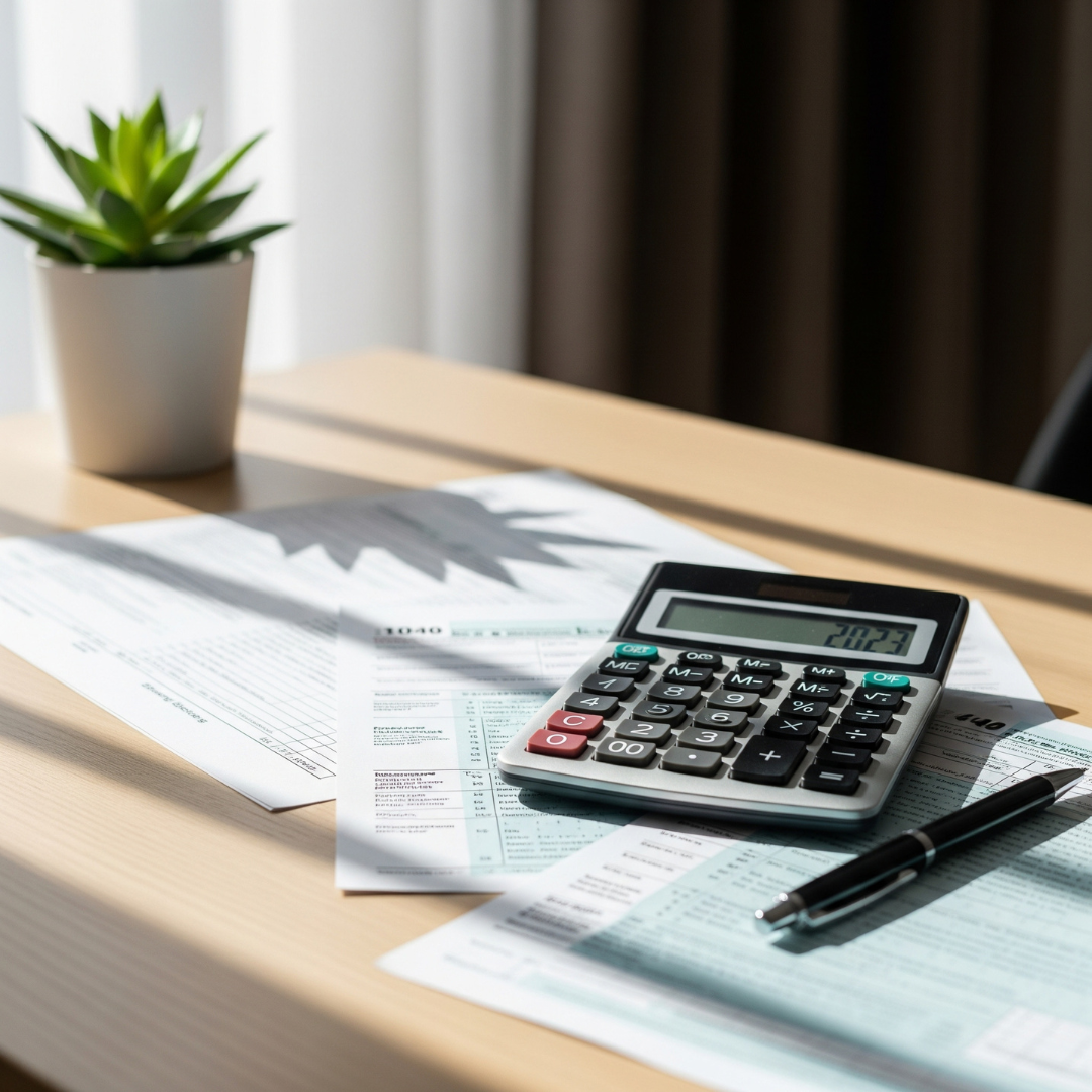 Tax forms and a calculator ready for tax preparation services.