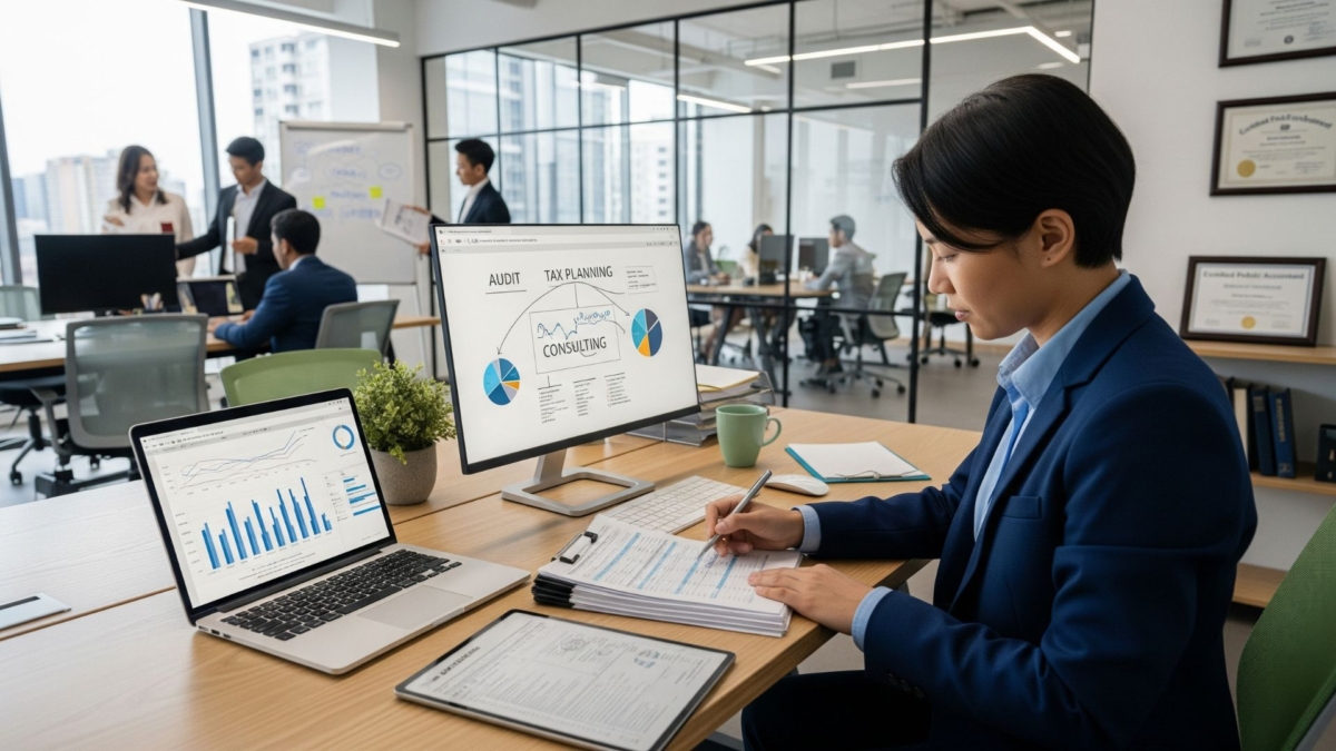 A professional working on financial documents in a bright, modern office