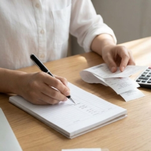 Close-up of hands organizing paper receipts and updating a simple ledger on a wooden desk.