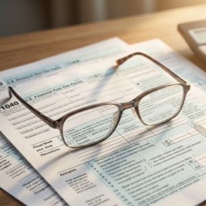Close-up of glasses resting on top of complex financial tax forms spread out on a wooden desk.