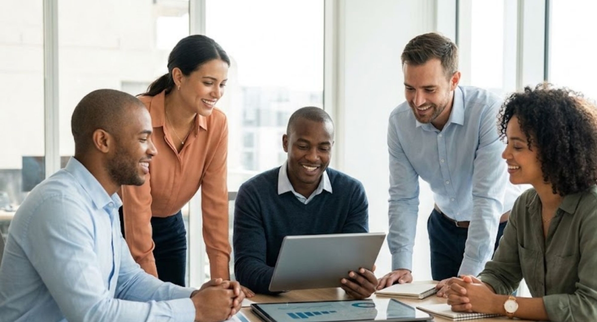 A group of smiling professionals review a tablet with charts at a modern conference table.
