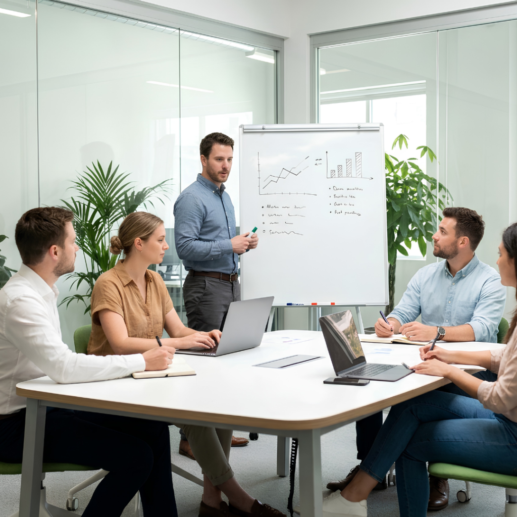 Small business employees talking.