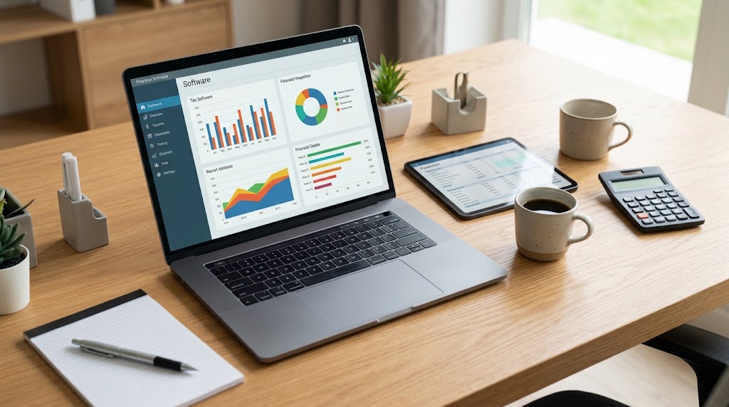 A modern, minimalist office setup featuring a sleek laptop displaying financial tax software graphs next to a digital tablet, coffee cup, and calculator on a clean oak wood desk. Bright, professional daylighting.